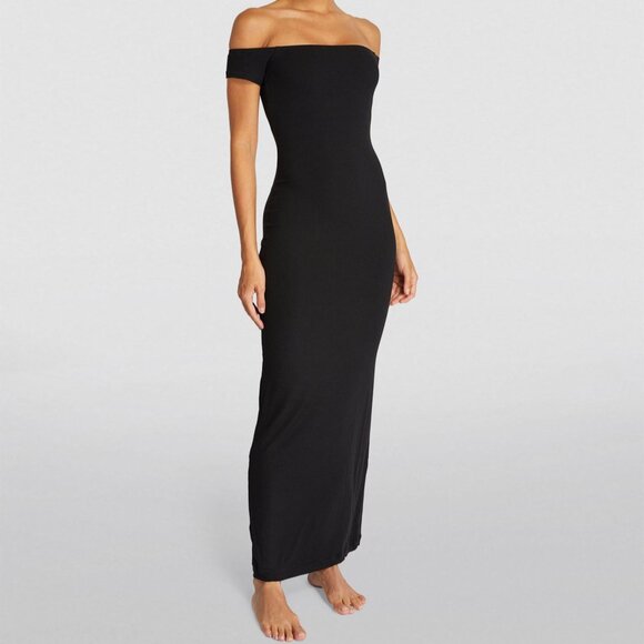 Skims Soft Lounge Ribbed Off Shoulder Black Dress S Long Maxi - Picture 1 of 6